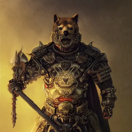 Image similar to skull black armor, anthropomorphic shiba inu, shiba inu face, shaman, stuning 3 d render, masterpiece, glowing aura, by donato giancola and greg rutkowski and wayne barlow and zdzisław beksinski, realistic face