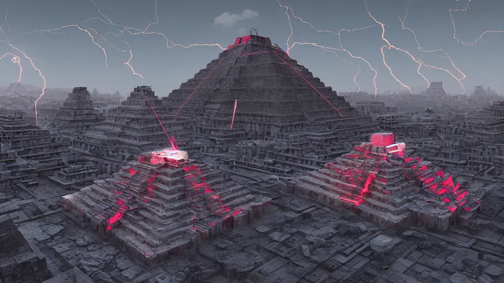 Prompt: blood light with electricity on top of aztec pyramids floating in the sky, marble surfaces, stone surfaces, fine details, studio lighting, close up subtle shadows, art by katsuya terada, photorealism, hyper realism, octane render, hyper detailed, medium shot, 8 k, raw, unedited, in - frame,