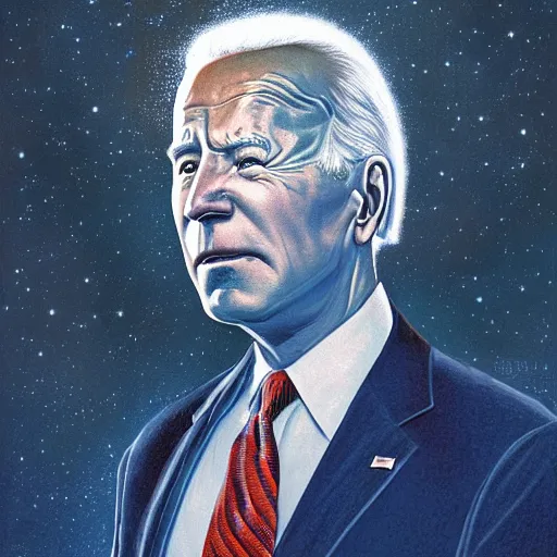 Prompt: presidential portrait of immense, majestic, surreal, terrifying joe biden emerging from the cosmic egg, perfectly clear face, by j. c. leyendecker, alex grey, anato finnstark, bosch, and beksinski