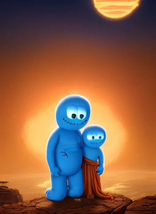 Prompt: portrait of jesus caring for mr meeseeks, photorealistic, golden hour, detailed matte painting, cinematic, in the style of Simon Dewey and Alan Lee, artstation,