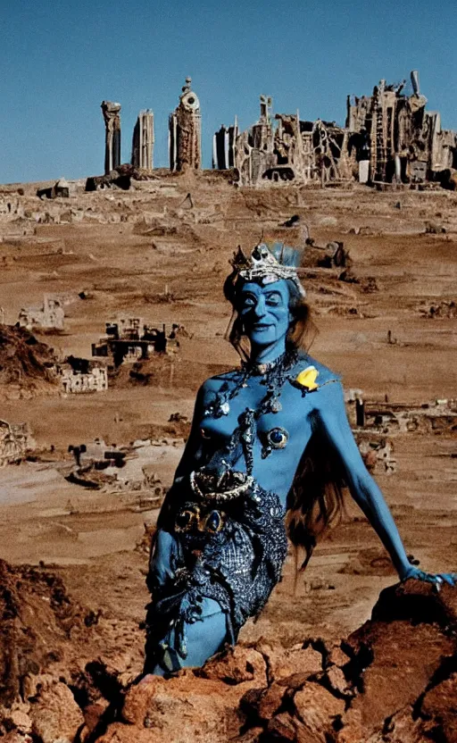 Image similar to salvador dali wearing a great crown with blue jewels in a dry rocky desert landscape, visible sky and sunny atmosphere, alien city ruins in the background, film still from the movie by alejandro jodorowsky with cinematogrophy of christopher doyle and art direction by hans giger, anamorphic lens, kodakchrome, very detailed photo, 8 k