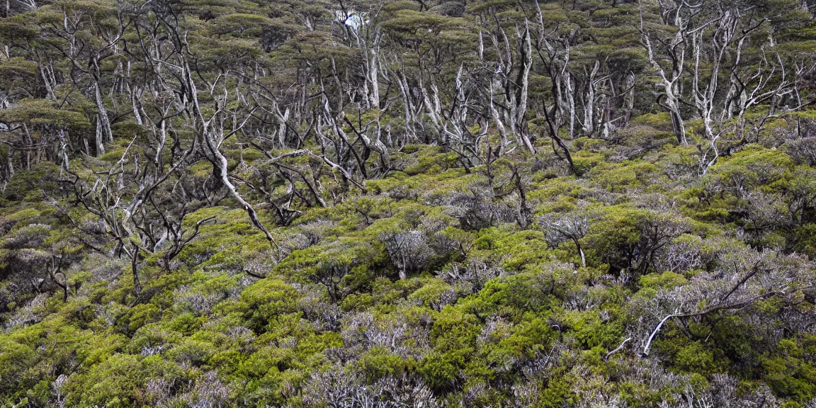 Prompt: Rocky clearing in the Patagonian temperate forests. Magellanic, mountainous area. Rare flora, Nothofagus, twisted and bent trees. windy environment, shrubs, rocky and poorly drained. Succulent species, crowberries carpeting the ground. Overcast, cloudy. September 12th. Patagonian Chile and Argentina. Trending on Artstation, deviantart, worth1000. By Greg Rutkowski. National Geographic and iNaturalist HD photographs