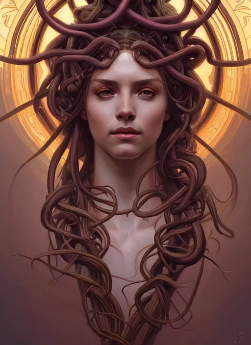 Image similar to symmetry!! portrait of medusa, greek mythology, ancient greece, intricate, elegant, highly detailed, digital art, digital painting, artstation, concept art, sharp focus, illustration, art by artgerm and greg rutkowski and alphonse mucha, 8 k