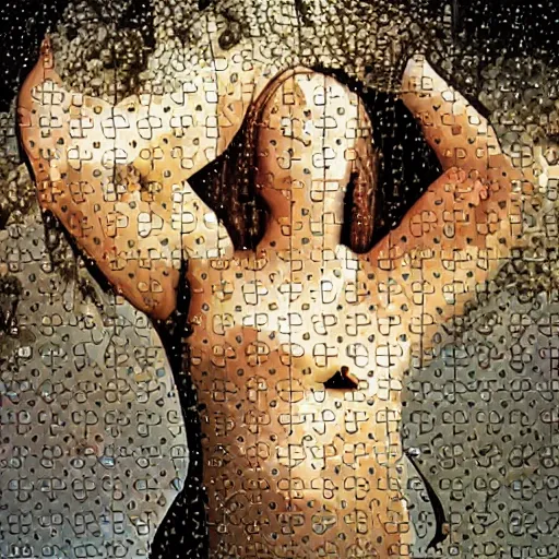 Image similar to A surreal painting of a puzzle of a beautiful woman on a desert beach with scattered puzzle pieces by Salvador Dali, dark vibes, high contrast, cinematic, depth of field