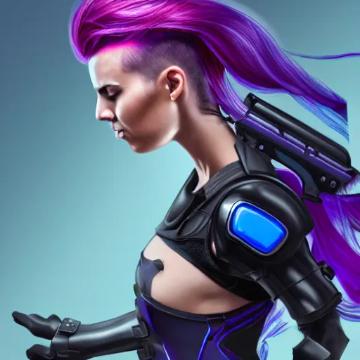 Image similar to a award winning action upper body portrait of a beautiful woman with a ombre purple pink hairstyle with head in motion and hair flying while wearing futuristic navy blue bodyarmor and pauldrons, outrun, vaporware, highly detailed, fine detail, intricate