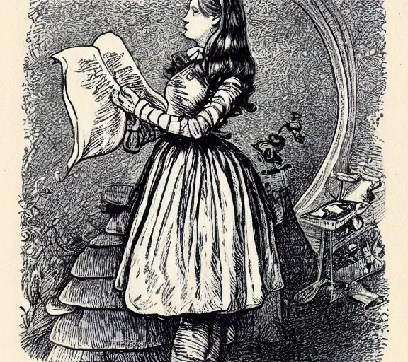 Prompt: Tenniel illustration portrait of Alice, Lewis Carrol