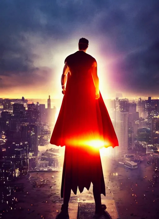 Image similar to a 3 5 mm photo from the back of a superhero wearing a cape standing in front of a city, splash art, movie still, bokeh, canon 5 0 mm, cinematic lighting, dramatic, film, photography, golden hour, depth of field, award - winning, anamorphic lens flare, 8 k, hyper detailed, 3 5 mm film grain