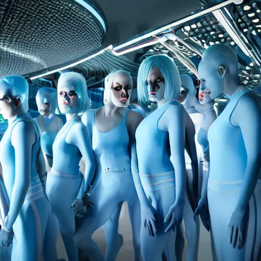 Image similar to troop of cloned freakshow women with white bob hairdos, tight light blue neopren suits, futuristic production facility, sci - fi, highly detailed, cinematic