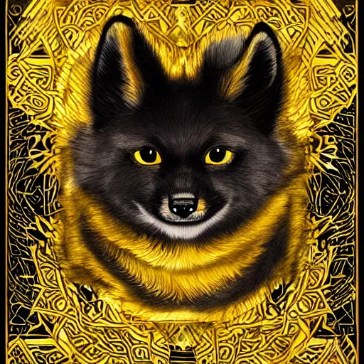 Prompt: a very fluffy black kitsune with golden tribal artwork on its fur, gold eyeliner around its eyes