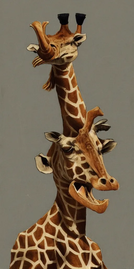 Image similar to soldier with the head of a giraffe and the body of an orangutan