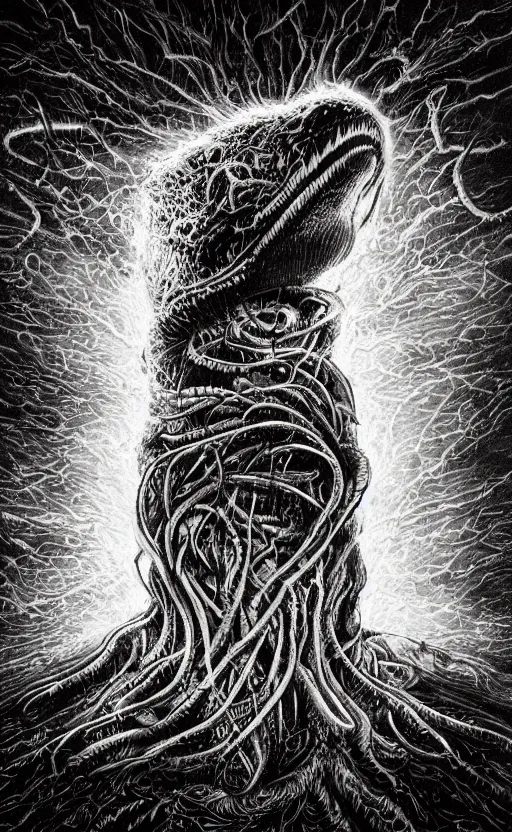 Prompt: portrait of lovecraftian elmo, surrounded by beams of light dark background by wayne barlow, stanley donwood, anton semenov, zdzislaw bekinski, hr giger, 8 k, fantasy, dark, highly detailed