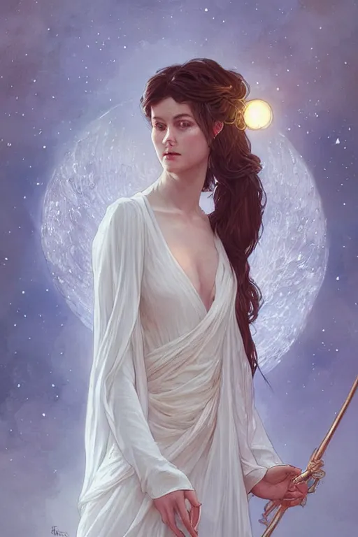 Image similar to Angels in white gauze dresses, the glow of the moonlight, fantasy, intricate, elegant, highly detailed, digital painting, artstation, concept art, matte, sharp focus, illustration, art by Artgerm and Greg Rutkowski and Alphonse Mucha