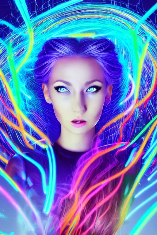 Image similar to a award winning half body portrait of a beautiful woman with stunning eyes in a croptop and leggings with reinbow colored ombre hairstyle head in motion and hair flying while dancing by thomas danthony, surrounded by whirling illuminated lines, outrun, vaporware, shaded flat illustration, digital art, trending on artstation, highly detailed, fine detail, intricate