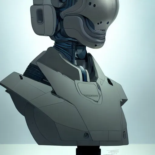 Image similar to detailed character concept art bust of a detailed and hi - tech reconnaissance robot in an empty chamber, artstation, award - winning realistic sci - fi concept art by greg rutkowski and yoshitaka amano, in the style of moebius, flat pop color surrealist illustration.