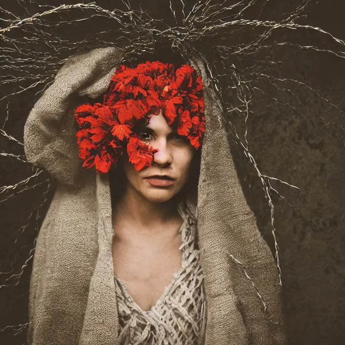 Image similar to closeup portrait of a woman wearing a hooded cloak made of zinnias and barbed wire, in a derelict house, by Terry Richardson, natural light, detailed face, CANON Eos C300, ƒ1.8, 35mm, 8K, medium-format print