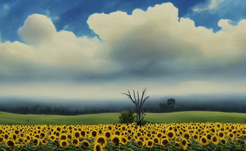 Image similar to A moody painting of an overcast day, clouds, rolling hills, sunflowers, tulips, tree stump, Wes Anderson