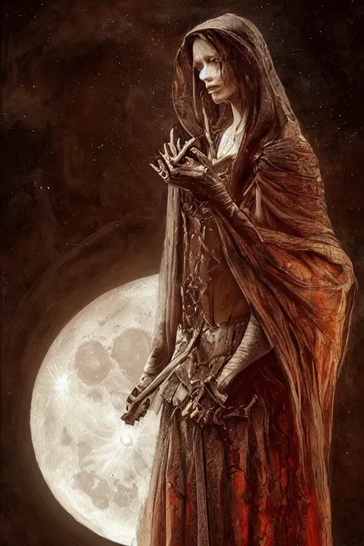 Prompt: breathtaking detailed soft painting of grim reaper in gauze dress and bleeding meat, with long hair and piercing eyes, in an intricate medieval stained glass moon, rembrandt style, elegant, highly detailed, artstation, concept art, matte, sharp focus, art by tom bagshaw, luis royo and greg rutkowski