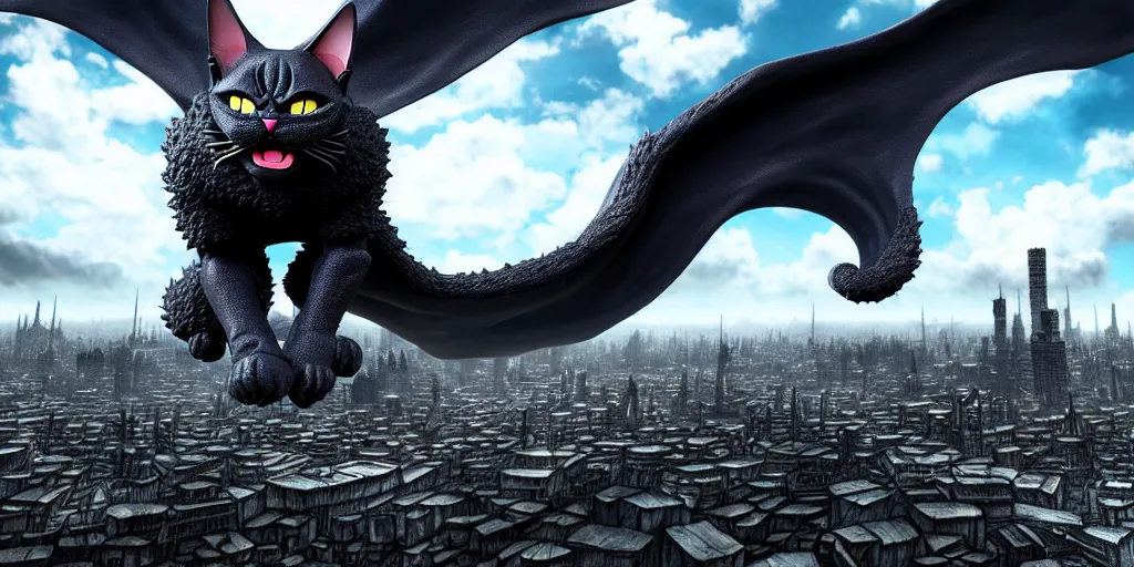 Image similar to Huge evil cat figure above a city, in the style of Kentaro Miura, Berserk, landscape, hyperdetailed, ultra quality, 4k, ultra details