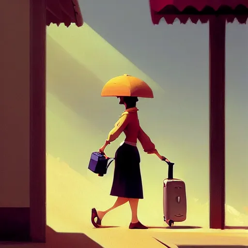 Prompt: goro fujita ilustration heerful girl taking the suitcases out of her house, characterized by william - adolphe bouguereau, character art, sharp focus, highly detailed, artstation