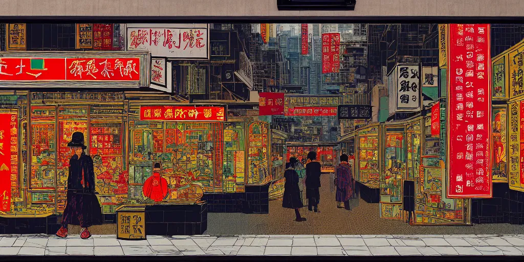 Image similar to a shop window in hong kong, by dan mumford and peter doig and edward hopper, minimal, black in, thick lines highly detailed, muted colours, overlaid with chinese adverts, 8 k