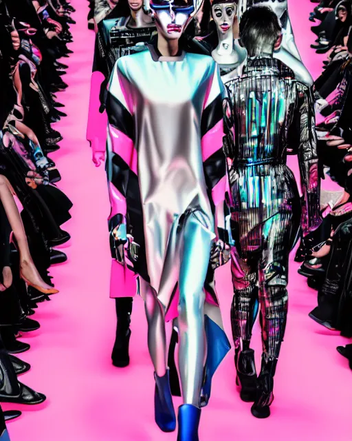 Image similar to an award winning fashion photograph of Balenciaga's fashion week 2049, cyberpunk, futuristic, Bladerunner 2049, dazzle camouflage!, dayglo pink, dayglo blue, raven black, corporate