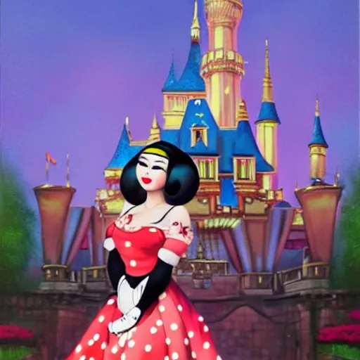 Image similar to beautiful bald asian woman with pinup makeup wearing disneyland mouse ears standing in front of the disneyland castle at night, oil painting, highly detailed, theatrical lighting, sharp focus