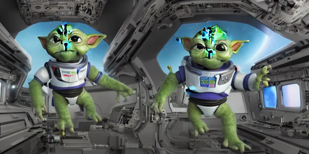 Image similar to a 3 d rendered movie still, wide - angle shot, 1 0 0 meter in the distance, baby yoda wearing a spacesuit, and exploring cosmos in a super awesome space ship. dramatic lighting, imax, 7 0 mm. science fiction blockbuster movie, buzz lightyear.