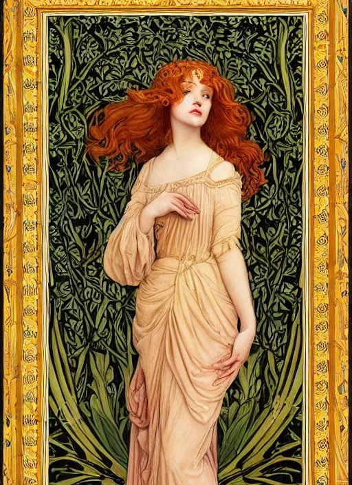 Image similar to masterpiece beautiful seductive flowing curves pose preraphaelite portrait photography, straight bangs, thick body, yellow ochre ornate medieval dress, mushroom forest arch, william morris and kilian eng and mucha, framed, 4 k