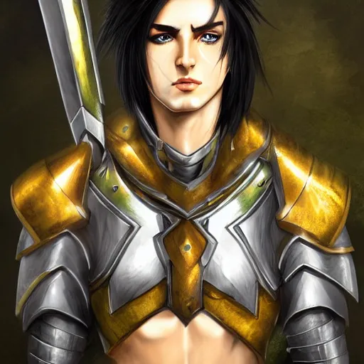 Image similar to male with black hair and green eyes wearing paladin armor, realistic, detailed eyes, detailed, 4k, illustration, muscle, handsome, fantasy