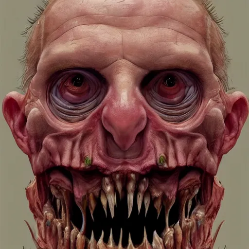 Prompt: a portrait of donald trump's, flesh eating worms, macabre, horror saw teeth, horror rotten teeth, peeling face skin, by donato giancola and greg rutkowski and wayne barlow and zdzisław beksinski, realistic face, visible face, digital art, artstation, symmetry