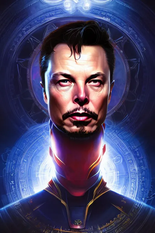 Image similar to elon musk as dr strange, realistic portrait, symmetrical, highly detailed, digital painting, artstation, concept art, smooth, sharp focus, illustration, cinematic lighting, art by artgerm and greg rutkowski and alphonse mucha