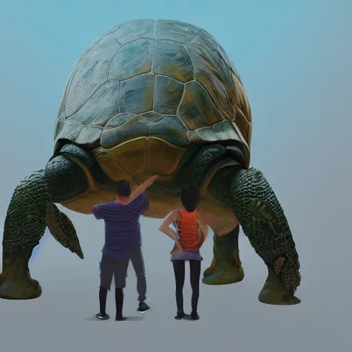 Prompt: people standing over a giant turtle, digital art, artstation, render