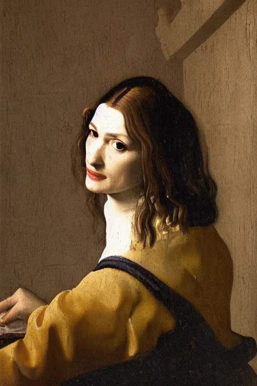 Image similar to portrait en buste of rachel weisz by johannes vermeer, baroque, delft, intricate, highly detailed, royal gallery, oil painting
