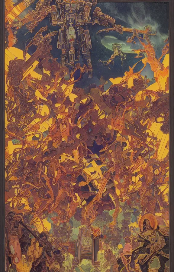 Prompt: beautifully colored detailed religious painting of occultist scientists summoning extradimensional gundam, occult giant robot power armor etched with glowing magical runes by m. c. escher, beeple, greg rutkowski and alphonse mucha. 8 k hd resolution, chihuly