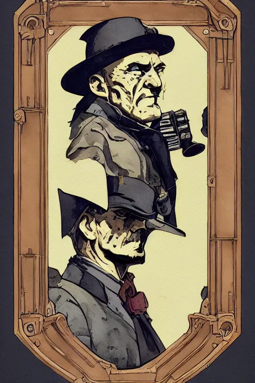 Image similar to zoomed out portrait of a duke, stylized illustration by mike mignola and moebius, watercolor gouache detailed paintings, dieselpunk, artstation