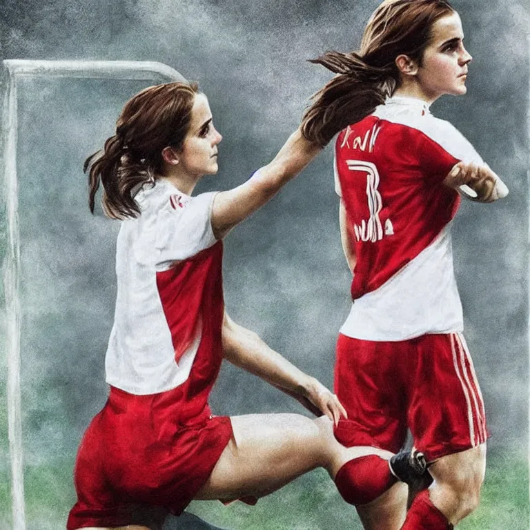 Image similar to emma watson as a lokomotiv football player, portrait, hyper realistic, highly detailed