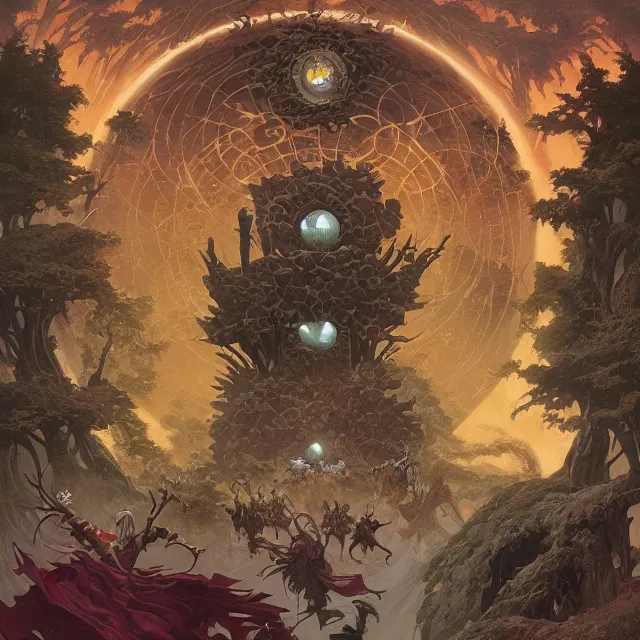 Prompt: a circle of druids conjuring the world into existence by greg rutkowski and frank frazetta and peter mohrbacher and william blake and dan mumford