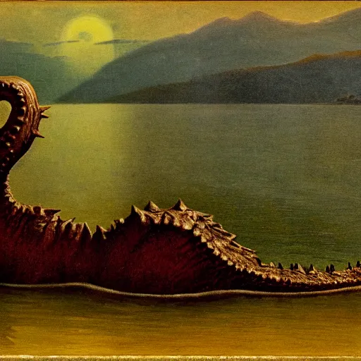 Prompt: horror loch ness monster, horror, creepy photo, mystery photo, by albert bierstadt