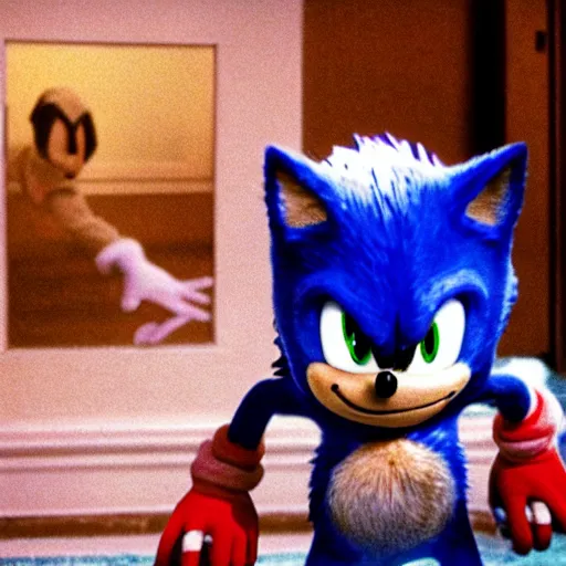 Prompt: sonic the hedgehog makes a appearance in the film the shining 1980