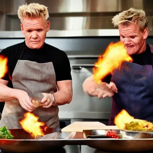 Prompt: Gordon Ramsay teaching Thanos how to cook