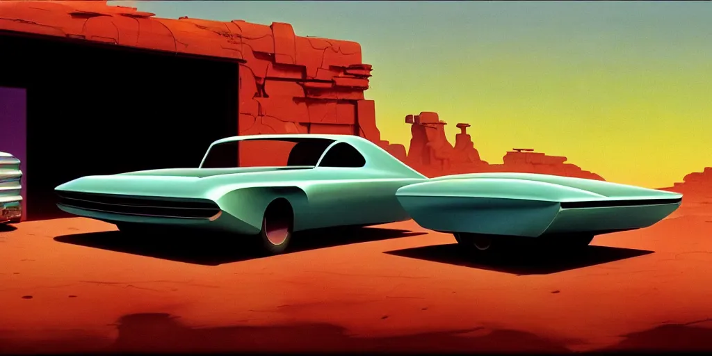 Image similar to a cinematic matte painting of a sleek 1 9 6 0 s vaporwave retro - futurism sci - fi car in a cluttered garage in the american southwest. cactus. by eric lafforgue, glennray tutor and edward hopper, greg rutkowski. trending on artstation.