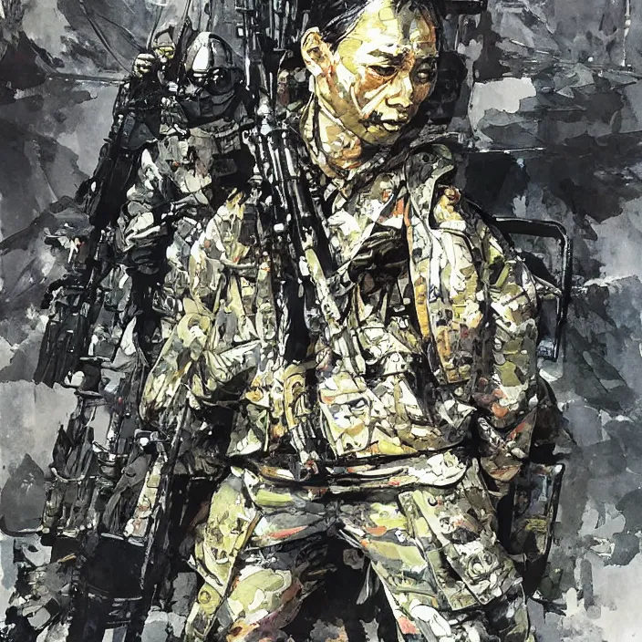 Image similar to burmese pdf soldier, painting, by greg ruthowski, yoshikata amano, yoji shinkawa, alphonse murac, collaborative artwork, beautifully drawn, heavily detailed