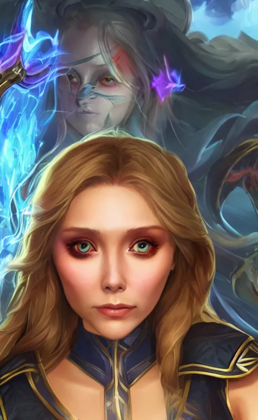 Image similar to Elizabeth Olsen as a character in the game League of Legends, with a background based on the game League of Legends, detailed face, old 3d graphics