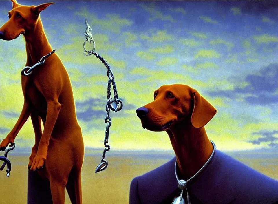 Image similar to realistic detailed portrait movie shot of an elegant blond male vampire a barking doberman on a leash, sci fi landscape background by denis villeneuve, amano, yves tanguy, alphonse mucha, max ernst, roger dean, masterpiece, rich cold moody colours, dog teeth, blue eyes