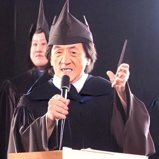 Image similar to Jackie Chan as Dumbledore giving a speech to the students