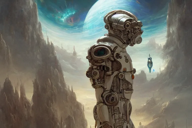 Image similar to a sigma man in futuristic space suit looking at ancient white renaissance spaceship through a time travel spaceship window, scifi, serene, refined, by swang, wlop, peter mohrbacher, jakub rebelka, visually stunning, beautiful, masterpiece