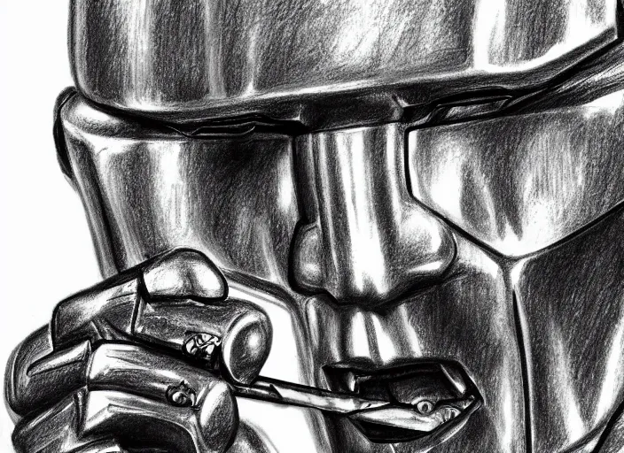 Image similar to basic professional pencil drawing of robot warlord smoking a cigar, uhd, ultra realistic, 4 k, movie still, detailed, sharp, real life, cinematic