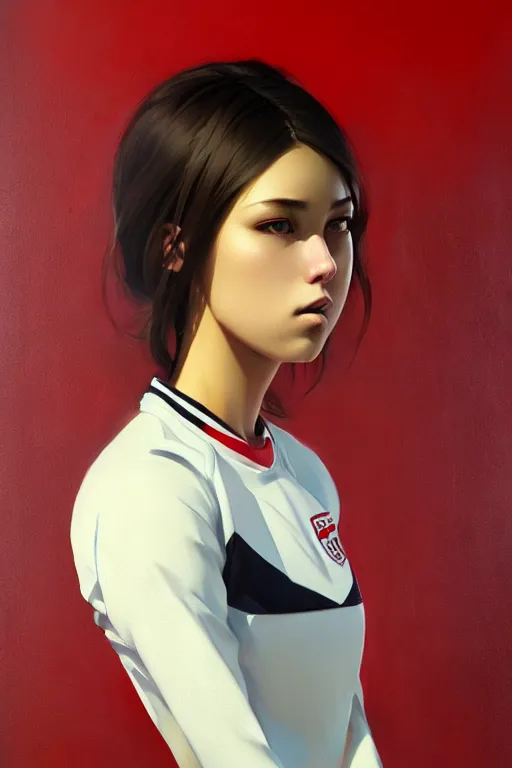 Image similar to A ultradetailed beautiful portrait panting of a stylish woman wearing a volleyball jersey, Oil painting, by Ilya Kuvshinov, Greg Rutkowski and Makoto Shinkai