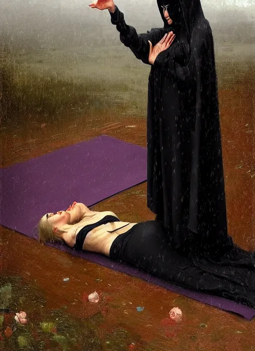 Prompt: beutiful woman is doing yoga in the rain with grim reaper, death is wearing cloak, realistic, highly detailed, digital illustration, trending in artstation, classical painting, smooth, sharp focus art by ilya repin