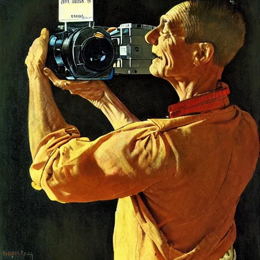 Image similar to norman rockwell painting of a man holding a large television - video - camera